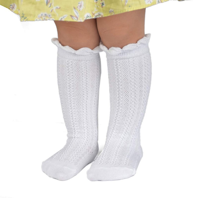 EPEIUS 3 Pairs Little Girls Cotton Uniform Knee High Socks Kids Boys Tube Ruffled Stockings for 6-8 Years,White - Image 3